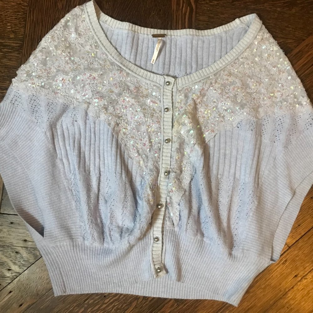 Free People Short Sweater, W/Sequins 'n Lace; Medium